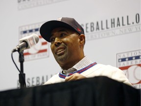 Harold Baines speaks during a news conference for the baseball Hall of Fame during the Major League Baseball winter meetings, Monday, Dec. 10, 2018, in Las Vegas.