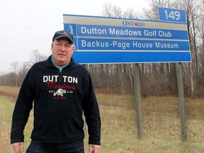 Brian Girard, owner of Dutton Meadows Golf Club is opting out of Ontario's highway tourism signs after he discovered the cost per sign has suddenly risen to $750 from the $300 he has been paying since 1997. (Ellwood Shreve/Postmedia Network