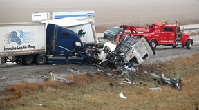 Non-life threatening injuries were only reported with the drivers of three tractor trailers involved a cross-median crash on Highway 401 near the Merlin Road overpass in Chatham-Kent, Ont. on Tuesday December 11, 2018. (Ellwood Shreve/Chatham Daily News)