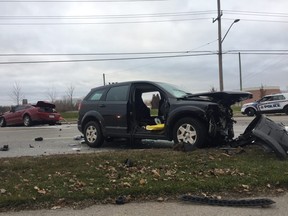 Police closed off a section of Adelaide Street south of Kipps Lane to investigate a serious crash Monday. (Dale Carruthers, The London Free Press)