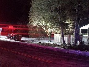 A police photo from the scene of a fatal Elgin County crash that killed one man. The driver is facing three impaired driving charges, including impaired driving causing death and dangerous driving causing death. (Submitted)