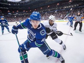 Los Angeles Kings' Alex Iafallo, back, checks Vancouver Canucks' Bo Horvat during the third period of an NHL hockey game in Vancouver, on Tuesday November 27, 2018.