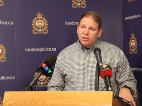 London police Det. David Ellyatt, head of the human trafficking unit, speaks during a press conference Friday about a police operation that led to 25 men being arrested and charged. (JONATHAN JUHA, The London Free Press)