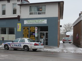 Police cruisers mark the scene of a fatal stabbing at a Hamilton Road home that left one man dead and another in custody on Saturday, Dec. 8, 2018. (MEGAN STACEY/The London Free Press)