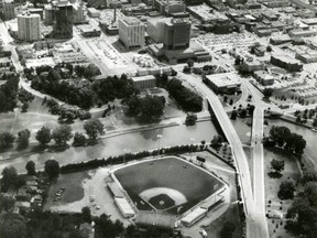 Aerial of Labatt Park looking east over downtown, 1989. (London Free Press files)