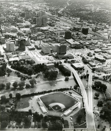 Aerial of Labatt Park looking east over downtown, 1989. (London Free Press files)