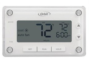 Orbit’s Clear Comfort programmable thermostat ($39.85 at Home Depot) has a large display and controls that make it easy to program.  (Orbit)