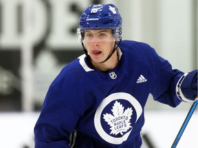 Mitch Marner looks for a pass during a Leafs workout at the Mastercard Centre in Toronto (Postmedia file photo)