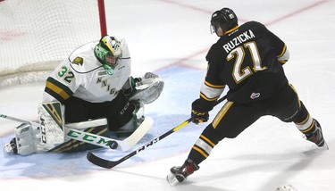 Sarnia's Adam Ruzicka gets in alone on Knights' goaltender Joseph Raaymakers but is stopped as he tries to go five hole during the first period of their game at Budweiser Gardens on Sunday December 2, 2018. 
Mike Hensen/The London Free Press/Postmedia Network