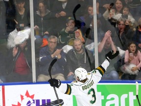 Knights defenceman Adam Boqvist celebrates with the fans after he scored the first goal of the game against the Sarnia Sting to unleash the the Teddy Bear toss at Budweiser Gardens during the first period of their game on Sunday December 2, 2018. 
Mike Hensen/The London Free Press/Postmedia Network