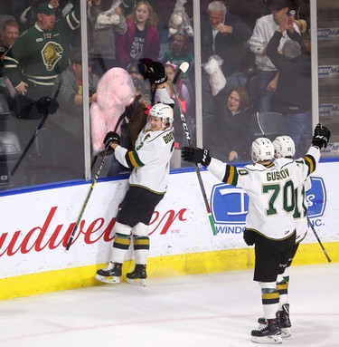 Knights defenceman Adam Boqvist celebrates with the fans after he scored the first goal of the game against the Sarnia Sting to unleash the the Teddy Bear toss at Budweiser Gardens during the first period of their game on Sunday December 2, 2018. 
Mike Hensen/The London Free Press/Postmedia Network