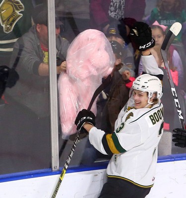 Knights defenceman Adam Boqvist celebrates with the fans after he scored the first goal of the game against the Sarnia Sting to unleash the the Teddy Bear toss at Budweiser Gardens during the first period of their game on Sunday December 2, 2018. 
Mike Hensen/The London Free Press/Postmedia Network