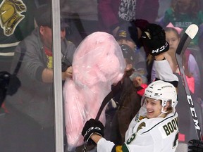 Knights defenceman Adam Boqvist celebrates with the fans after he scored the first goal of the game against the Sarnia Sting to unleash the the Teddy Bear toss at Budweiser Gardens during the first period of their game on Sunday December 2, 2018. 
Mike Hensen/The London Free Press/Postmedia Network