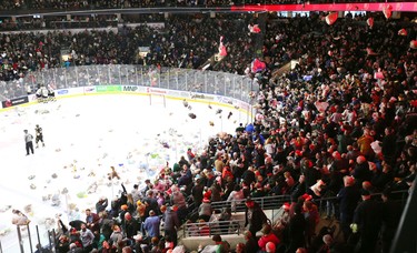 Teddy bears rain out of the crowd after Knights' defenceman Adam Boqvist scored late in the first period of their game against the Sarnia Sting at Budweiser Gardens on Sunday December 2, 2018. 
Mike Hensen/The London Free Press/Postmedia Network