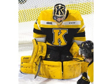 Kingston Frontenacs goalie Brendan Bonello makes a save with his head during the first period of the OHL game against the Knights at Budweiser Gardens in London on Friday night. Bonello was pulled in the second period after giving up six goals. The Knights added two more to win 8-1Derek Ruttan/The London Free Press/Postmedia Network