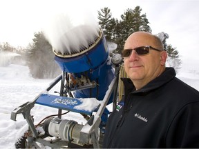 Greg Strauss of the Boler Mountain management team said Friday they're making as much snow as temperatures permit. When temperatures are cold enough, Boler is pumping about 4,500 to 5,400 litres of water a minute.  (Mike Hensen/The London Free Press)