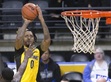London Lightning  player Mo Bolden takes a shot during the team's game against the Kitchener-Waterloo Titans at Budweiser Gardens in London, Ont. on Sunday December 9, 2018.  Derek Ruttan/The London Free Press/Postmedia Network