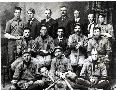 Lucan's famed Irish Nine baseball team. Back row left to right: E. Barnes (rf), J. Foreman, W.J. Braunton (1st vice-president), William Ward (2nd vice-president), F.W. Porte (umpire), W.F. Hawkshaw, A. Hawkshaw (rf). Middle row: O.K. Lang (ss), H.B. McFalls (lf), C.W. Hawkshaw (manager), C.J. Murdy (1b). R. Siddall (2b). Front row: W.L. Gibson (p), C. Barnes (c), H.S. White (p and c) C. Foreman, mascot, 1905. (London Free Press files)