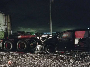 A male passenger was transported to London hospital in critical condition following a multi-vehicle collision involving a transport truck Thursday evening near Stratford. Handout/Stratford Beacon Herald/Postmedia Network