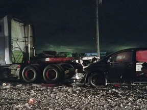 A male passenger was transported to London hospital in critical condition following a multi-vehicle collision involving a transport truck Thursday evening near Stratford. (Handout)