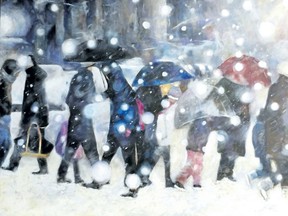 This 102 centimetre x 86 centimetre acrylic on canvas painting by London artist Brian Normandeau is titled Winter Crossing.