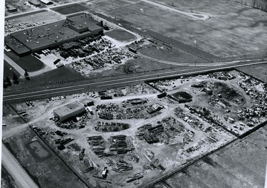 Aerial of Clarke Road, west side, showing Zubick Scrap Metal foreground, Firestone Steel, Firestone Ave., 1970.  (London Free Press files)