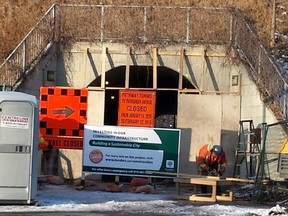 A construction crew started repairs on the Greg Curnoe Tunnel on Monday, taking advantage of the sunny and clear weather. The work will be done in two stages, the first lasting three weeks. They will then return in April to complete the second stage, taking another three to four weeks. (DAN BROWN, The London Free Press)