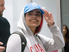 Saudi teenager Rahaf Mohammed Alqunun arrives at Toronto Pearson International Airport, on Jan. 12. Chris Young/THE CANADIAN PRESS/
