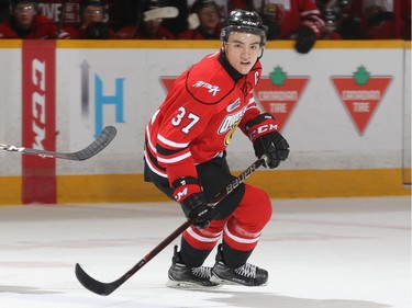 Nick Suzuki #37 of the Owen Sound Attack skates against the Peterborough Petes in an OHL game at the Peterborough Memorial Centre on November 15, 2018 in Peterborough, Ontario, Canada.