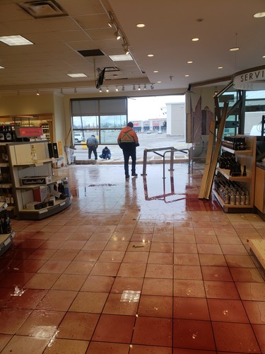 Damage inside LCBO store at 348 Clarke Rd. after a vehicle had reportedly been driven into the building. (EDGE Contracting photo)
