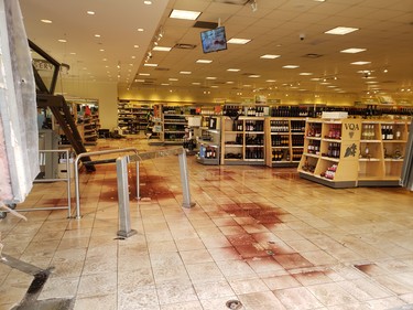 Damage inside LCBO store at 348 Clarke Rd. after a vehicle had reportedly been driven into the building. (EDGE Contracting photo)