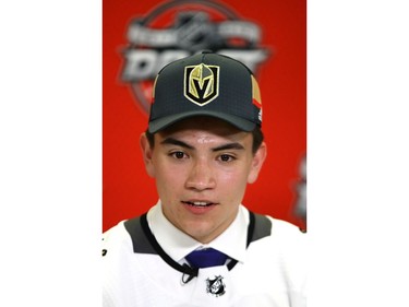 Nick Suzuki is interviewed after being selected 13th overall by the Vegas Golden Knights during the 2017 NHL Draft at the United Center on June 23, 2017 in Chicago, Illinois.