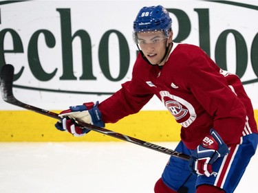 Montreal Canadiens Nick Suzuki skates during a practice in Brossard, Que. on Friday, September 14, 2018 .