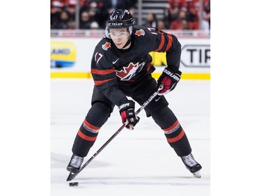 Canada's Nick Suzuki skates with the puck during first period IIHF world junior hockey championship action against the Czech Republic in Vancouver, on Saturday December 29, 2018.