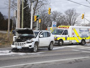 A two vehicle collision at the intersection of Oxford Street West and Westdel Bourne sent both drivers to hospital with non life threatening injuries in London. Neither vehicle had passengers.Derek Ruttan/The London Free Press/Postmedia Network