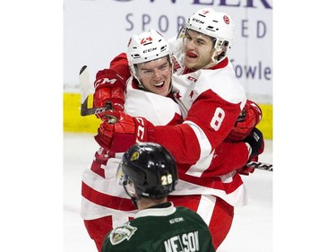 Cole MacKay and Jacob LeGuerrier of the Sault Ste. Marie Greyhounds celebrate after LeGuerrier tied the score at 1-1 in the first period of their OHL game against the London Knights in London, Ont. on Friday January 4, 2019. Derek Ruttan/The London Free Press/Postmedia Network