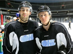 Captain Evan Bouchard and defenseman Adam Boqvist of Sweden were back at the Knights practice for a busy week at Budweiser Gardens as they play four games this week, including Guelph on Tuesday night in London, Ont.  Photograph taken on Monday January 7, 2019.  Mike Hensen/The London Free Press/Postmedia Network