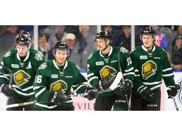 Knights forward Kevin Hancock is all smiles after he put in a short rebound for a goal during the first period of their OHL game at Budweiser Gardens on Friday night. The Knights won 7-0.  (MIKE HENSEN, The London Free Press)