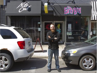 Justin Wolfe, the co-owner chef of the Nite Owl and The Early Bird restaurants stands out in front of his locations on Talbot Street on Friday May 3, 2013. (MIKE HENSEN/The London Free Press)