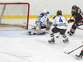 Sarnia Legionnaires forward Isaac McLean scores the game's first goal Thursday to help his Jr. 'B' hockey team earn a 6-6 tie with the first place London Nationals.