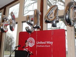 United Way of Chatham-Kent campaign chair Caterina Dawson, 19, used balloons to display the $1,565,140 raised during the annual fundraiser during a celebration held in Chatham on Thursday Jan. 17, 2019. Ellwood Shreve/Postmedia Network