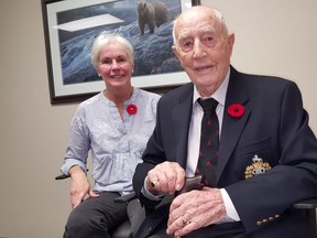 Second World War veteran Jim Fisher, of Chatham, celebrates his 100th birthday with his daughter Margaret in November in Chatham. (Trevor Terfloth/Postmedia News)