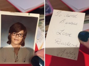 Darlene Williams’s cousin in England has this 1972 photo (front and back) of the girl from London, Ont. Lisa Niemy is asking for help in reconnecting with her cousin. (Submitted photo)