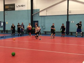 Players dodge and throw during a match at the Forest City Invitational dodgeball tournament in London Jan. 26, 2019.