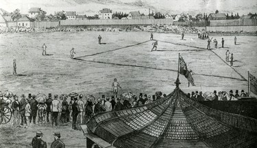 The Tecumsehs in action against Chicago Mutuals in London, July 15, 1876. The drawing is by J.C. McArthur a Western Ontario illustrator. The game is being played at Labatt Park, home of the now London Majors. (London Free Press files)