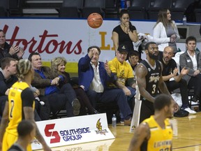 London Lightning team owner Vito Frijia tosses the ball back on the court after it went out of bounds and landed in his lap during an National Basketball League of Canada game. Frijia is one of the nominees for the new Love First award in London. (Derek Ruttan/The London Free Press)