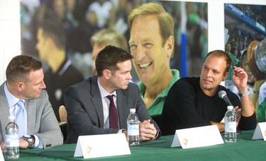 Tim and Chris Taylor, listen as Rob Schremp talks about their trainer Don (Branks) Brankley during their induction into the Don Brankley London Knights Hall of Fame in London on Tuesday Jan. 8, 2019.  Mike Hensen/The London Free Press