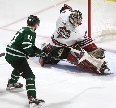 Connor McMichael, of the London Knights, gets stopped by Anthony Popovich of the Guelph Storm during their Tuesday night game at Budweiser Gardens. Mike Hensen/The London Free Press