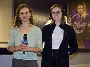 Rachael Bishop and Emily Renneberg will be the on-air commentators during Radio Western's all female staffed broadcast of the Mustang women's hockey game against Laurentian at Thompson Arena on Saturday. Derek Ruttan/The London Free Press/Postmedia Network