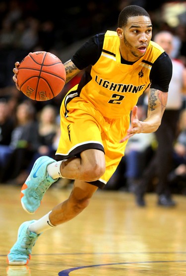 Xavier Moon of the Lightning drives up court during their Sunday afternoon game against the Saint John Riptide at Budweiser Gardens in London, Ont. The Lightning fell 107-98 against the Riptide who were 4-12 entering the game.
Photograph taken on Sunday January 13, 2019. 
Mike Hensen/The London Free Press/Postmedia Network